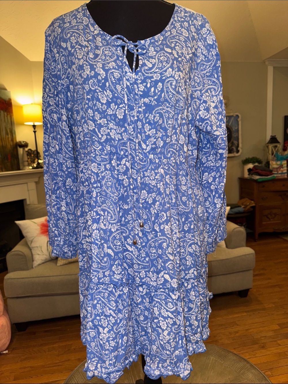 Blue Paisley Tie-Front Midi Dress